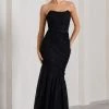 Encapsulate | Black Lace Ruched Strapless Fishtail Maxi Dress