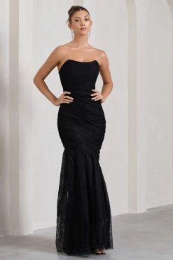 Encapsulate | Black Lace Ruched Strapless Fishtail Maxi Dress -Dress Shop WB HR CL132005002 EncapsulateBlackLaceRuchedStraplessFishtailMaxiDress1