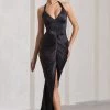 Rebecca | Black Satin Plunge Halter-Neck Open-Back Split Maxi Dress -Dress Shop WB HR CL133050002 Rebecca BlackSatinPlungeHalter NeckOpen BackSplitMaxiDressBLACK7