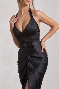 Rebecca | Black Satin Plunge Halter-Neck Open-Back Split Maxi Dress -Dress Shop WB HR CL133050002 Rebecca BlackSatinPlungeHalter NeckOpen BackSplitMaxiDressBLACK8