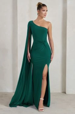 Romi | Bottle Green One Shoulder Twist Design Maxi Dress -Dress Shop WB WB CL127683 RomiBottleGreenOneShoulderTwistDesignMaxiDress0