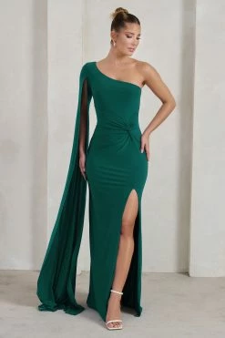Romi | Bottle Green One Shoulder Twist Design Maxi Dress -Dress Shop WB WB CL127683 RomiBottleGreenOneShoulderTwistDesignMaxiDress1