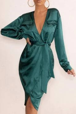 True Romance | Bottle Green Satin Plunge Neck Midi Dress With Belt Detail -Dress Shop WB WB HR CL126535 TrueRomanceBottleGreenSatinPlungeNeckMidiDressWithBeltDetail1