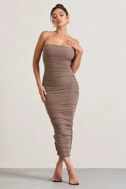 My Lady | Mocha Strapless Bodycon Ruched Mesh Maxi Dress -Dress Shop WB CL127347038 MyLadyMochaStraplessBodyconRuchedMeshMaxiDress0