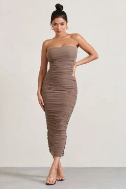 My Lady | Mocha Strapless Bodycon Ruched Mesh Maxi Dress -Dress Shop WB CL127347038 MyLadyMochaStraplessBodyconRuchedMeshMaxiDress2