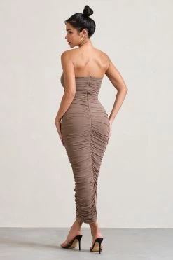 My Lady | Mocha Strapless Bodycon Ruched Mesh Maxi Dress -Dress Shop WB CL127347038 MyLadyMochaStraplessBodyconRuchedMeshMaxiDress5